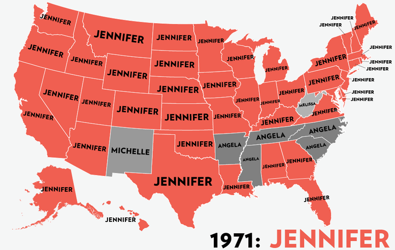Illustration for article titled Map: Six Decades of the Most Popular Names for Girls, State-by-State